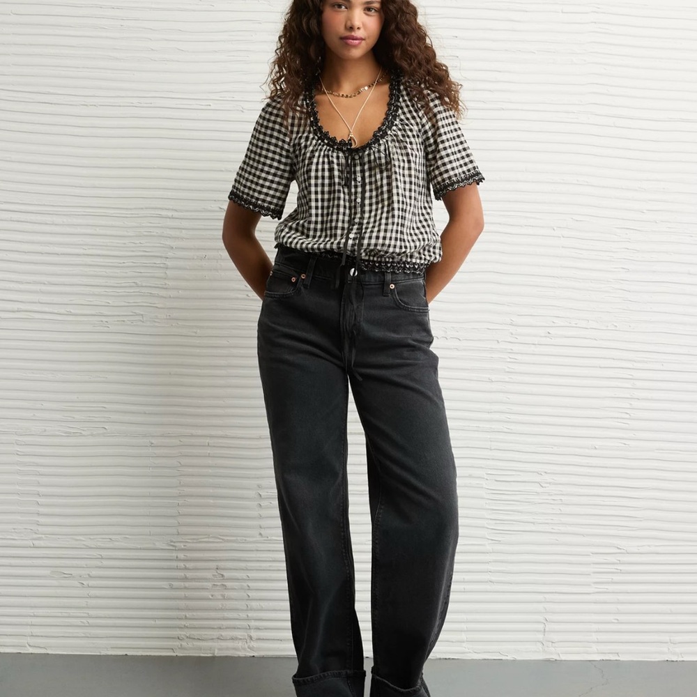 AE Short-Sleeve Gingham Button-Up Blouse S Black White Gingham